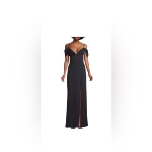 Sachin and Babi New Brittnany Off Shoulder Navy Gown with Slit Size 4